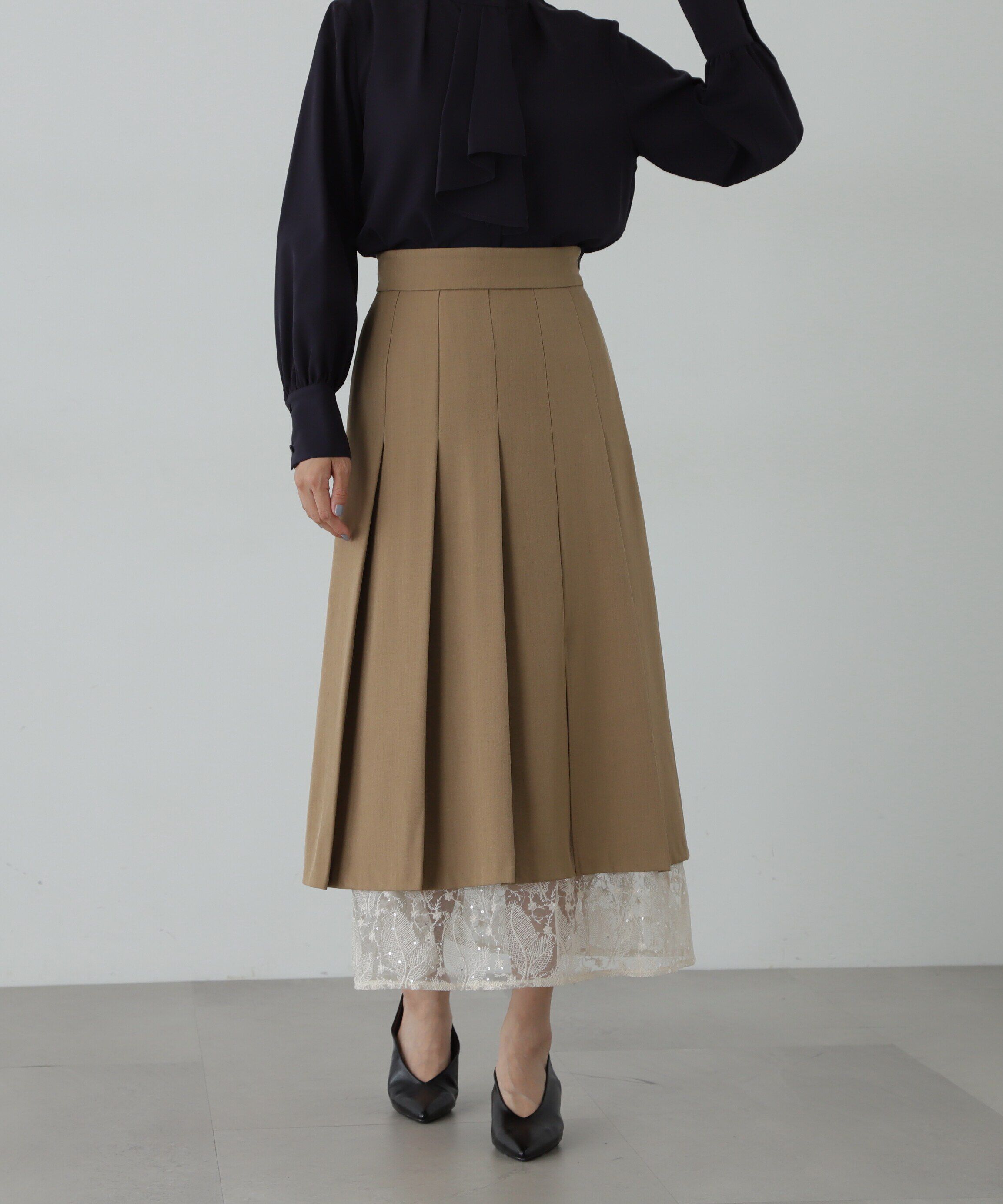  「レースレイヤードプリーツスカート」|スカート|