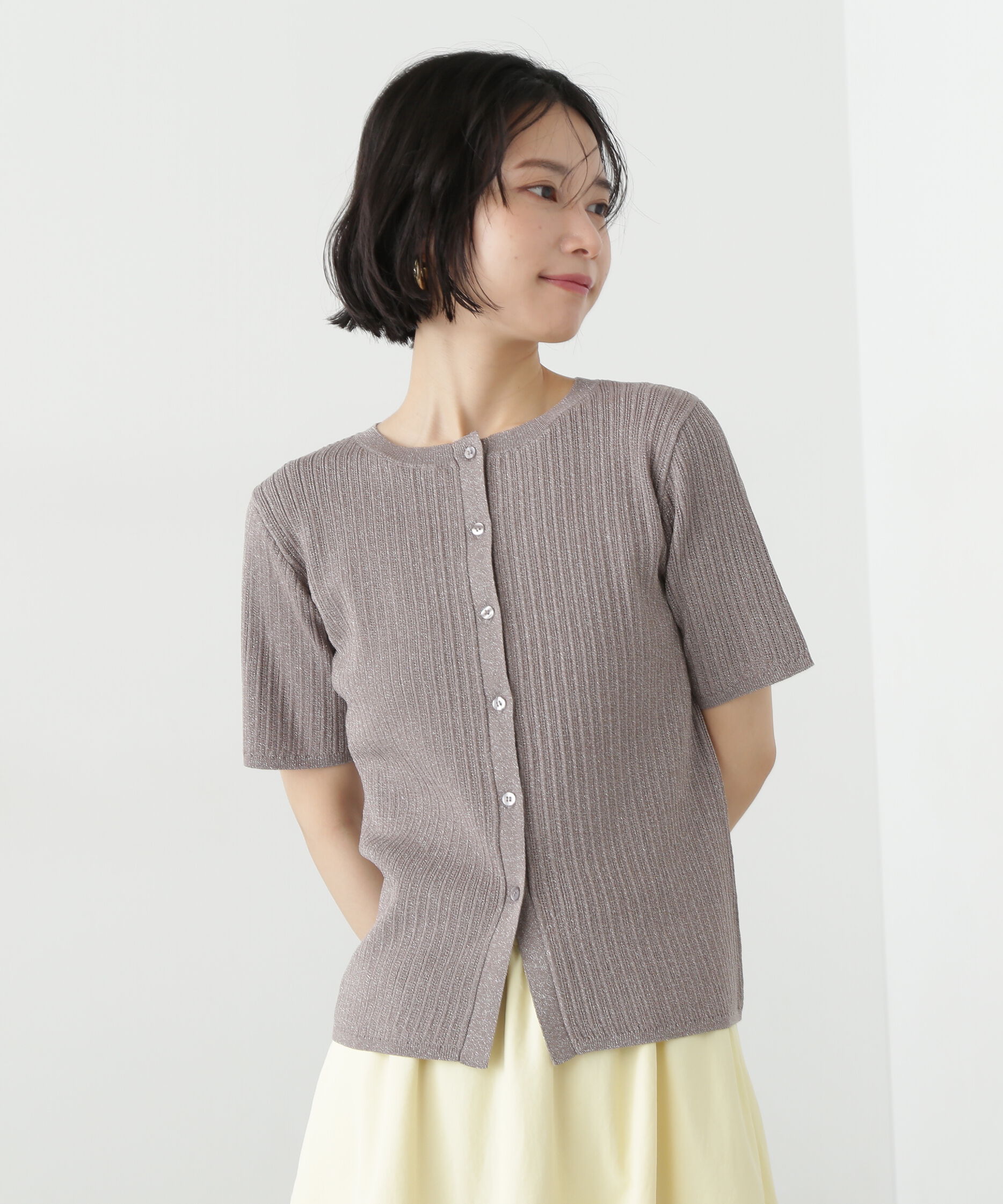  「アイレット柄ラメカーディガン」|ニット・セーター|グレー