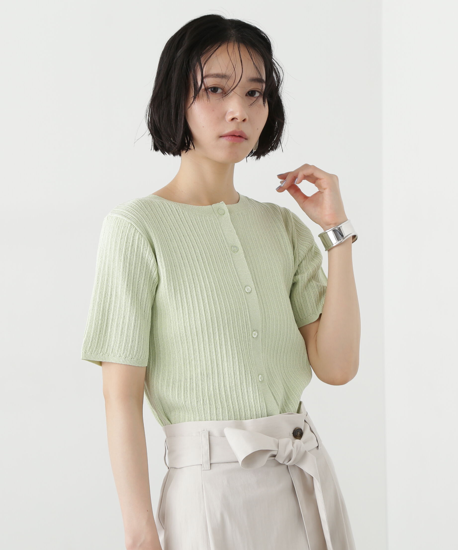  「アイレット柄ラメカーディガン」|ニット・セーター|ライトグリー