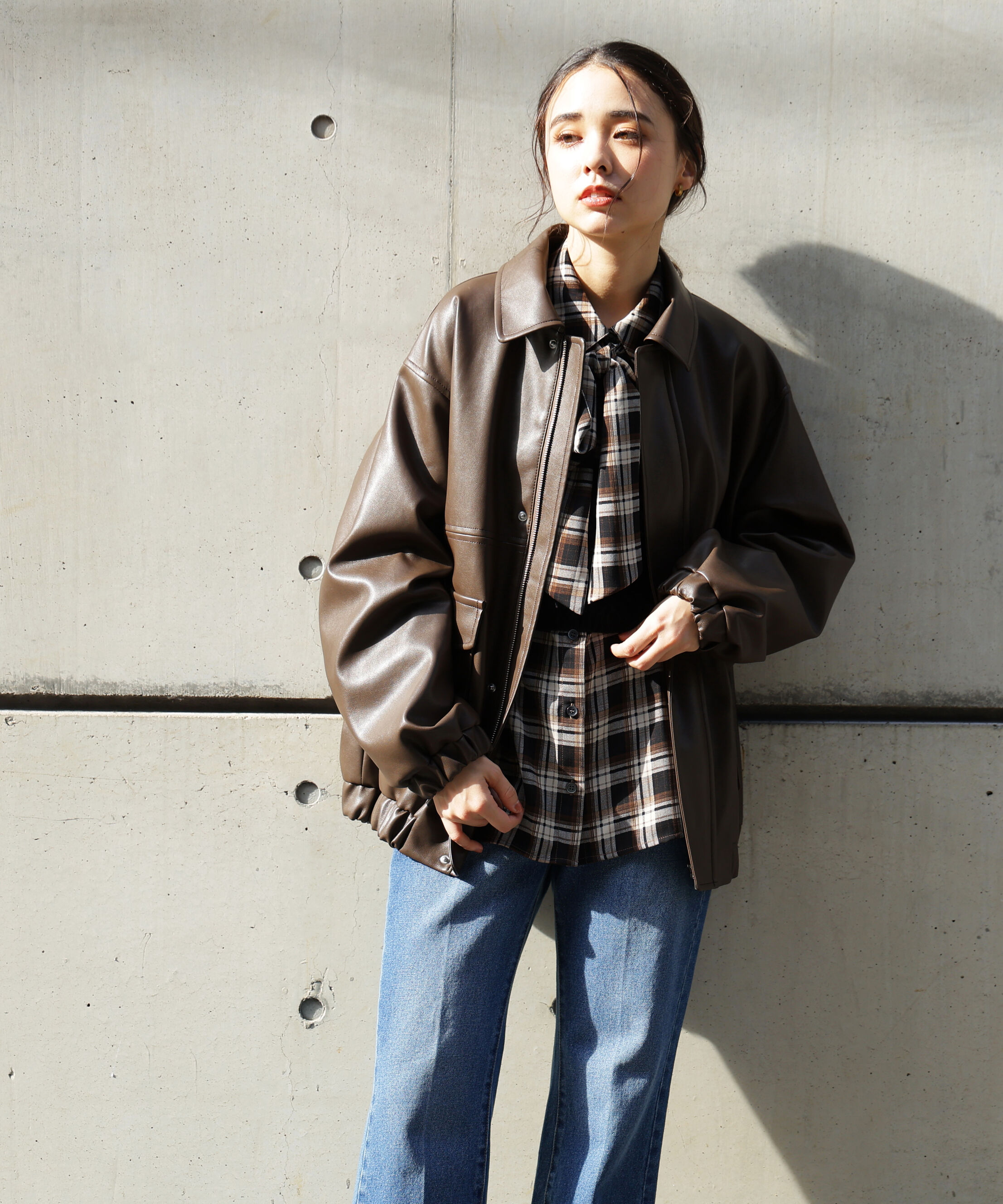  「フェイクレザーステンカラーブルゾン」|ブルゾン・スタジャン|ブラウン