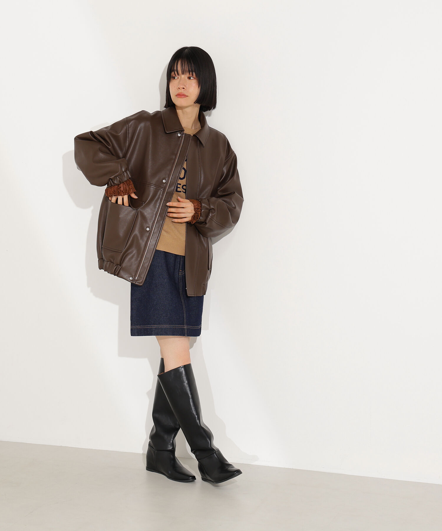  「フェイクレザーステンカラーブルゾン」|ブルゾン・スタジャン|