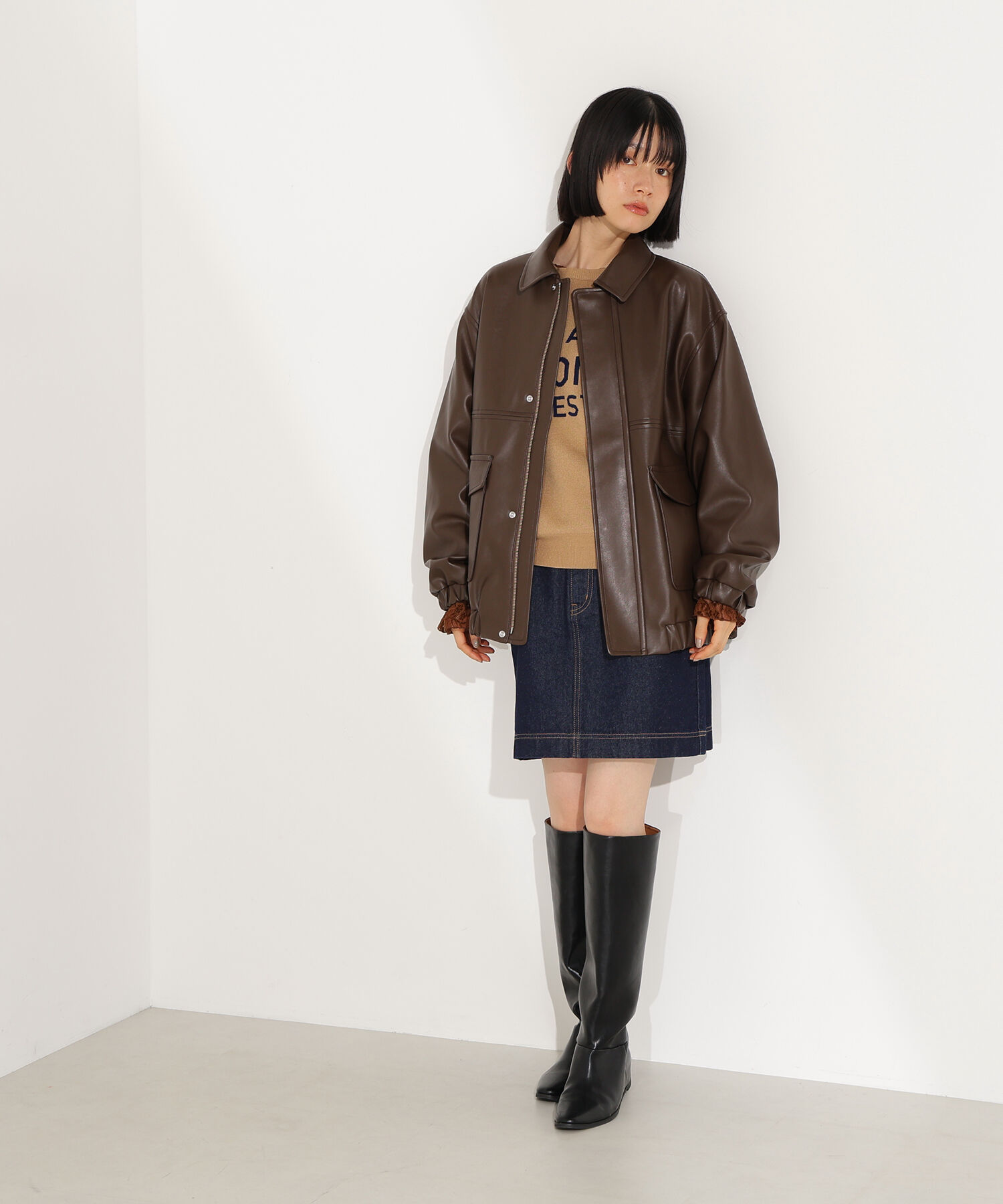  「フェイクレザーステンカラーブルゾン」|ブルゾン・スタジャン|