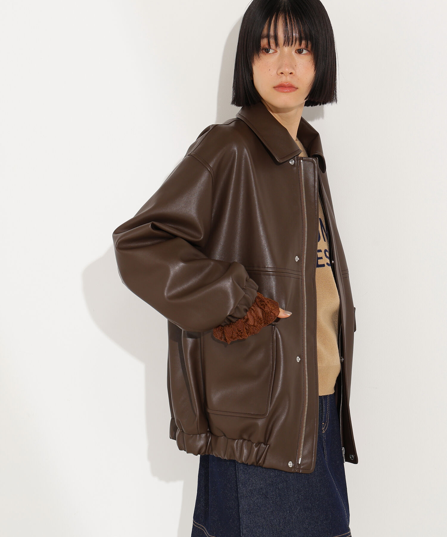  「フェイクレザーステンカラーブルゾン」|ブルゾン・スタジャン|