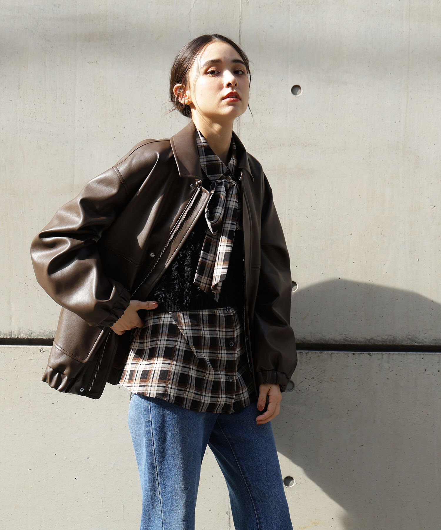  「フェイクレザーステンカラーブルゾン」|ブルゾン・スタジャン|