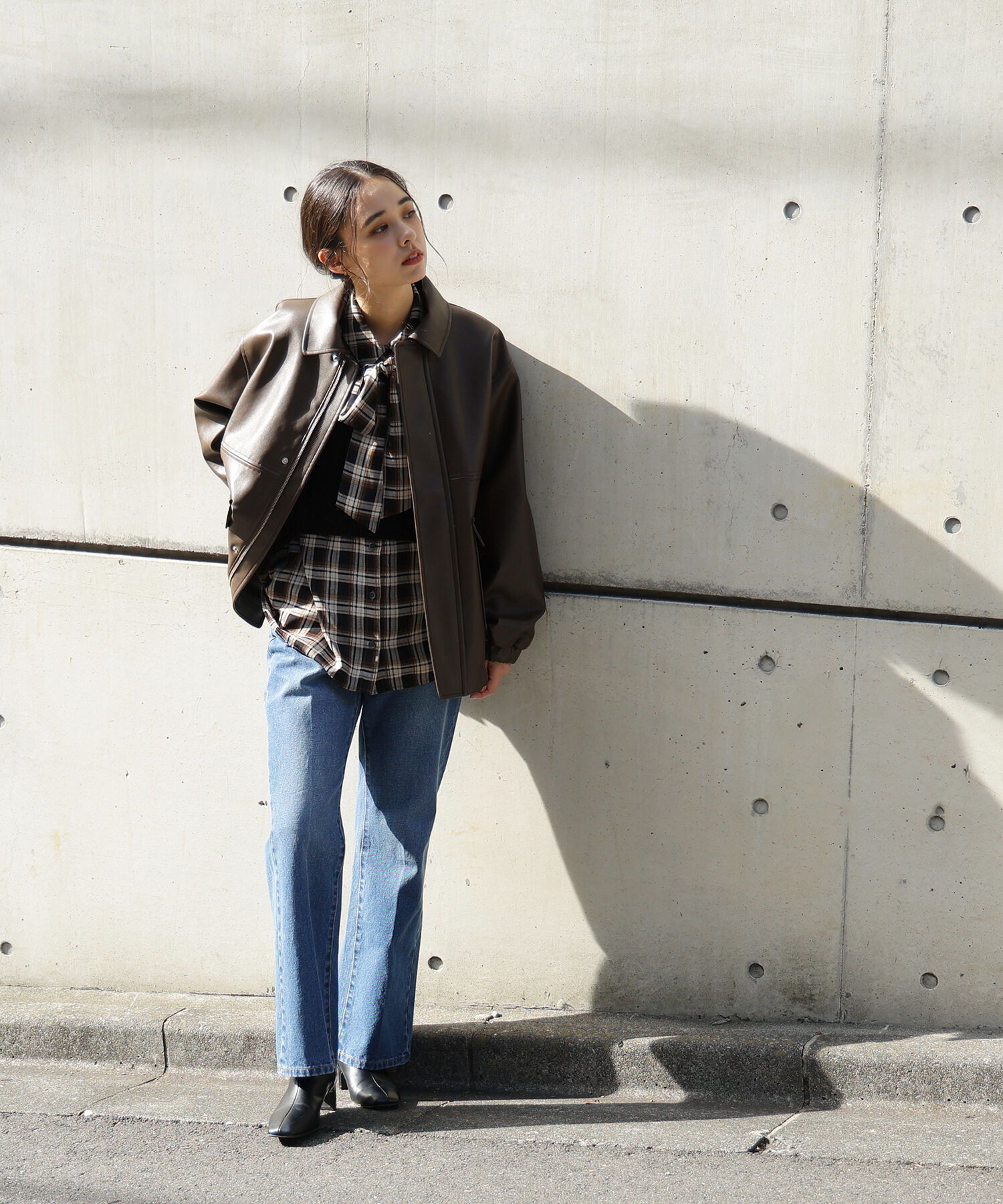  「フェイクレザーステンカラーブルゾン」|ブルゾン・スタジャン|