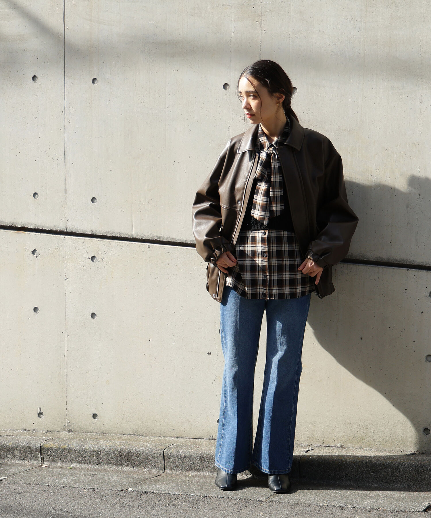  「フェイクレザーステンカラーブルゾン」|ブルゾン・スタジャン|