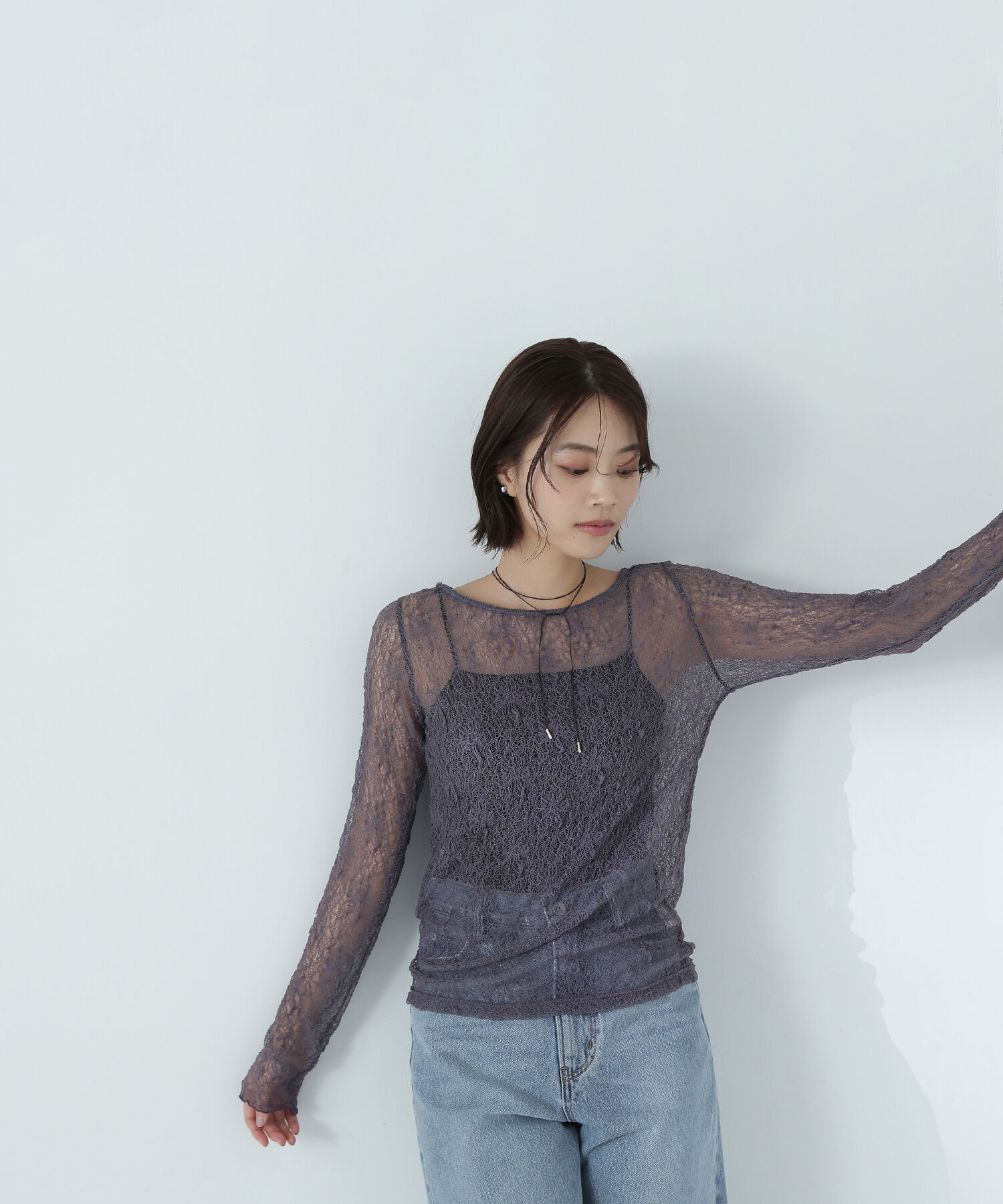  「ソフトシアーレースカットソー」|Tシャツ・カットソー|チャコール1