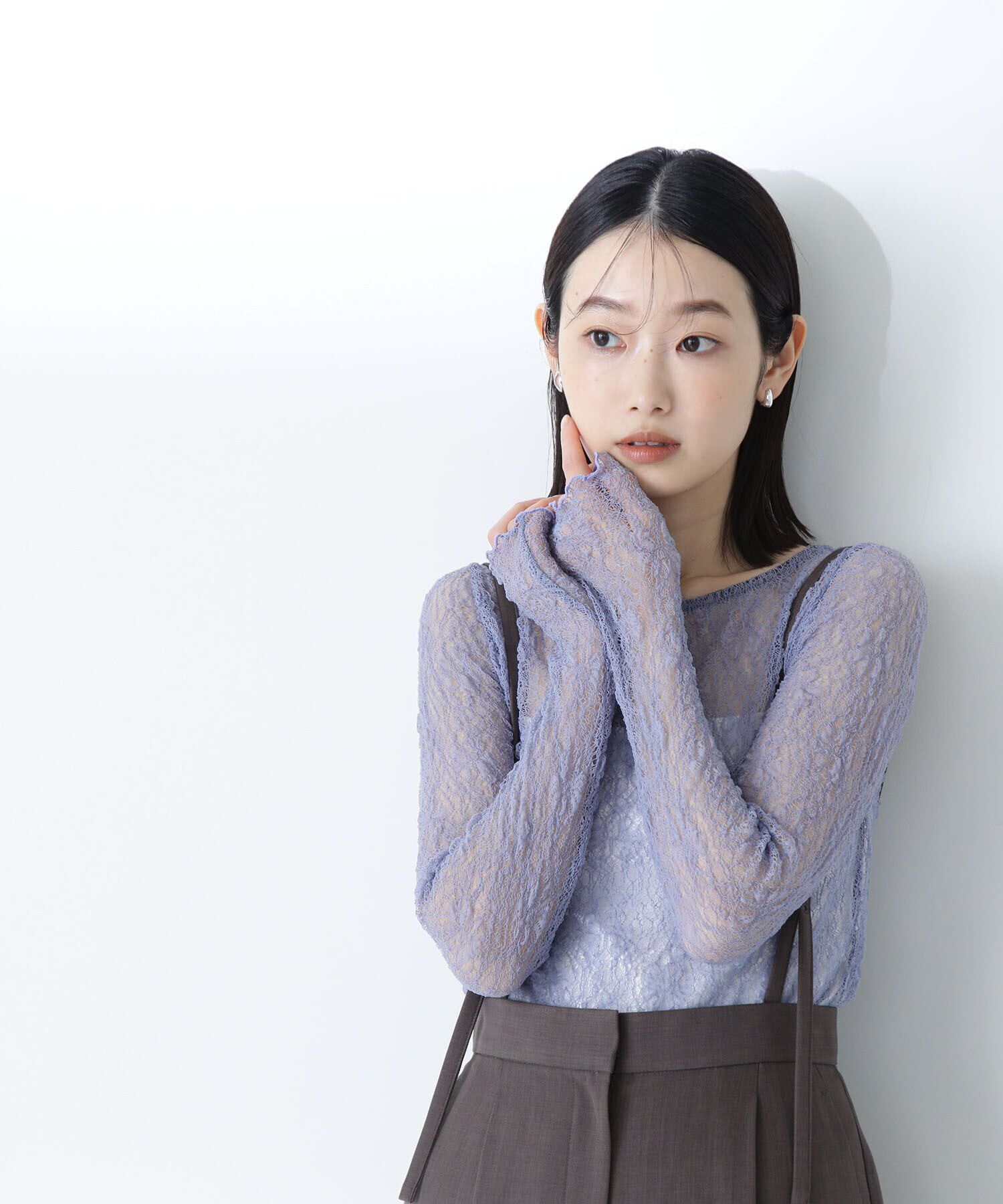  「ソフトシアーレースカットソー」|Tシャツ・カットソー|ブルー