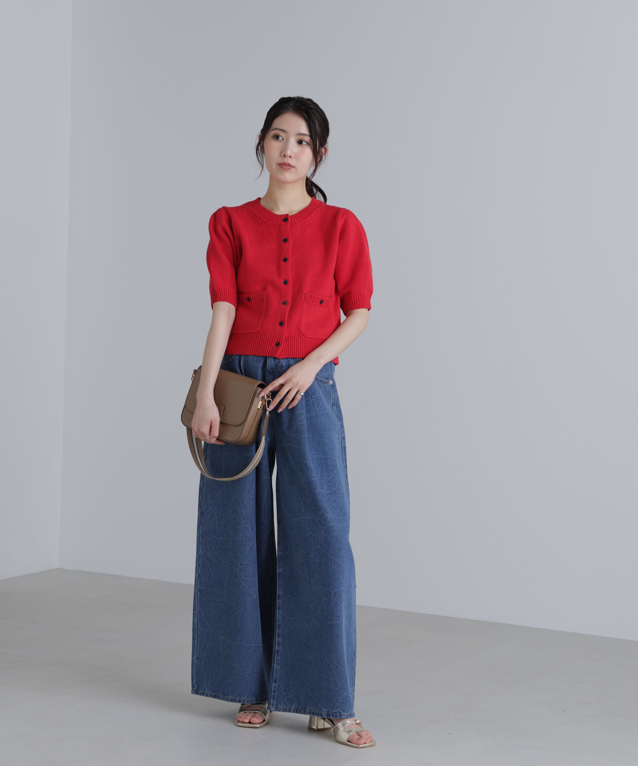  「フロントポケット半袖カーディガン」|ニット・セーター|