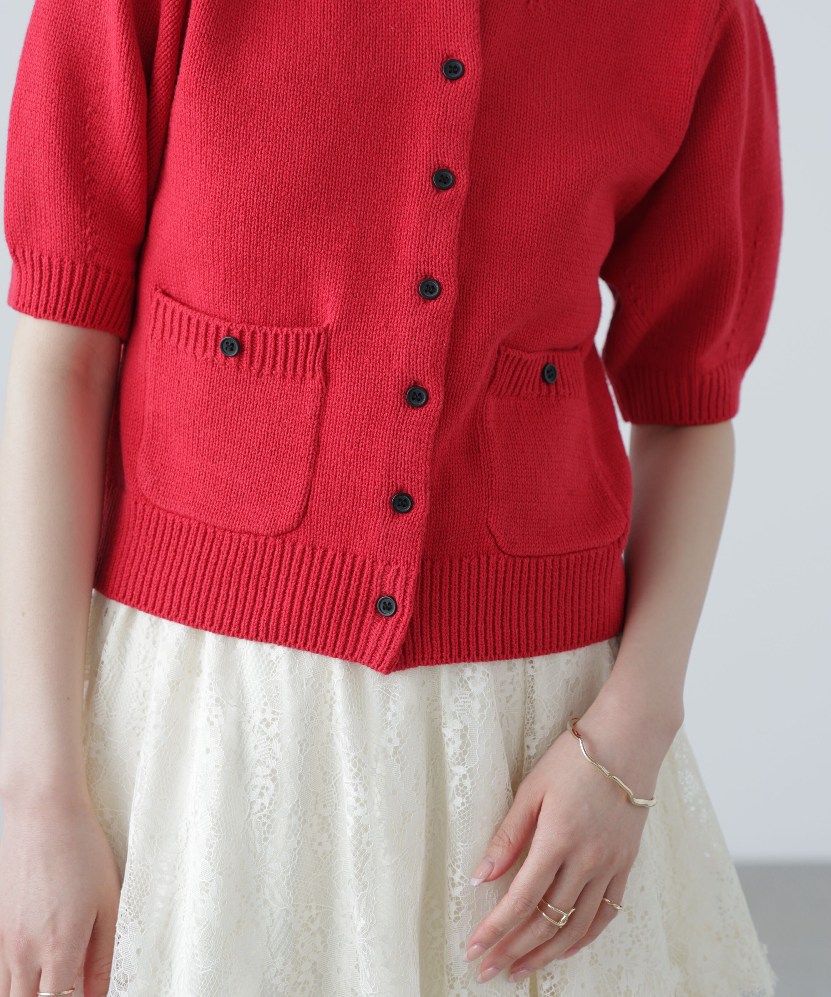  「フロントポケット半袖カーディガン」|ニット・セーター|