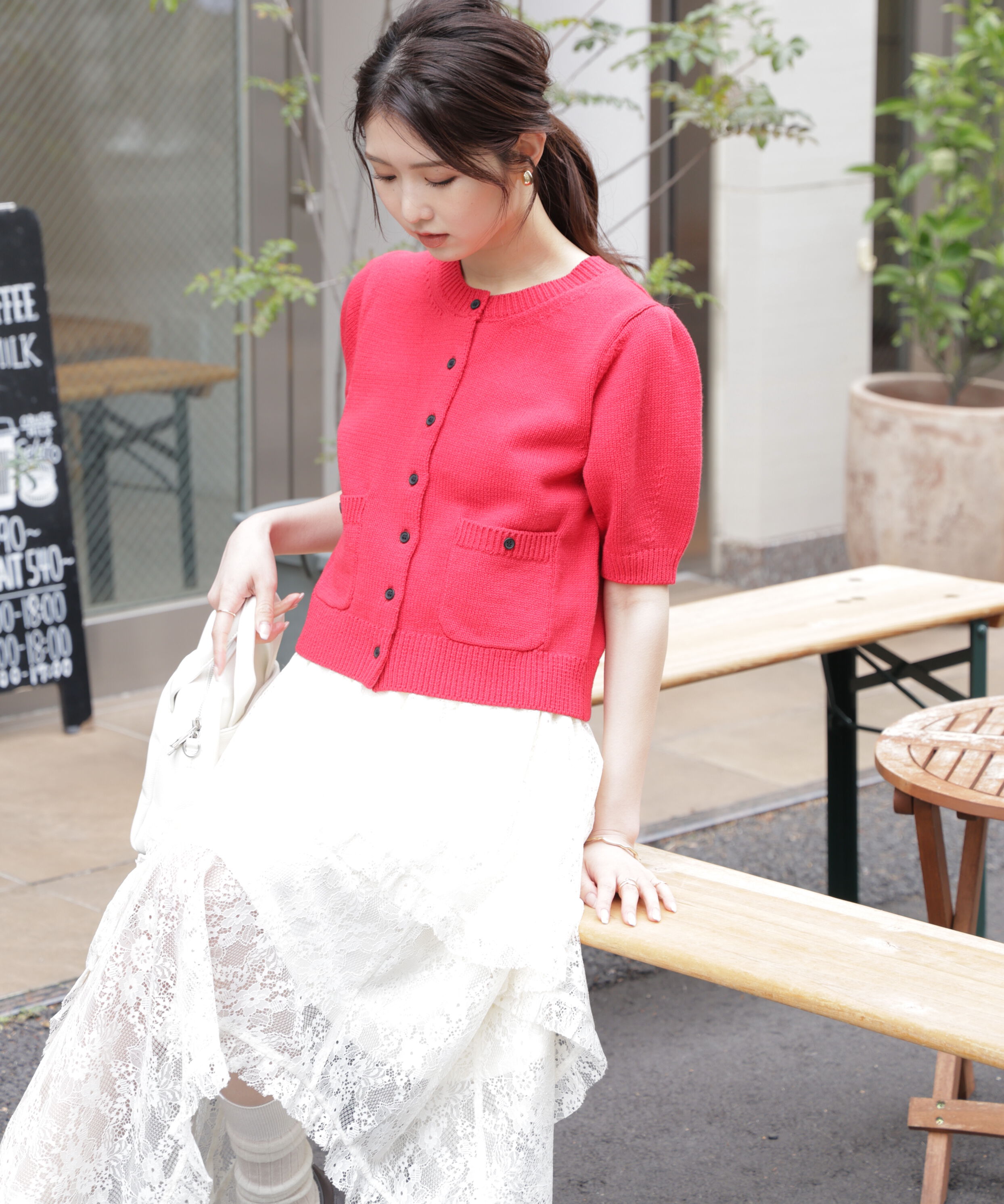  「フロントポケット半袖カーディガン」|ニット・セーター|