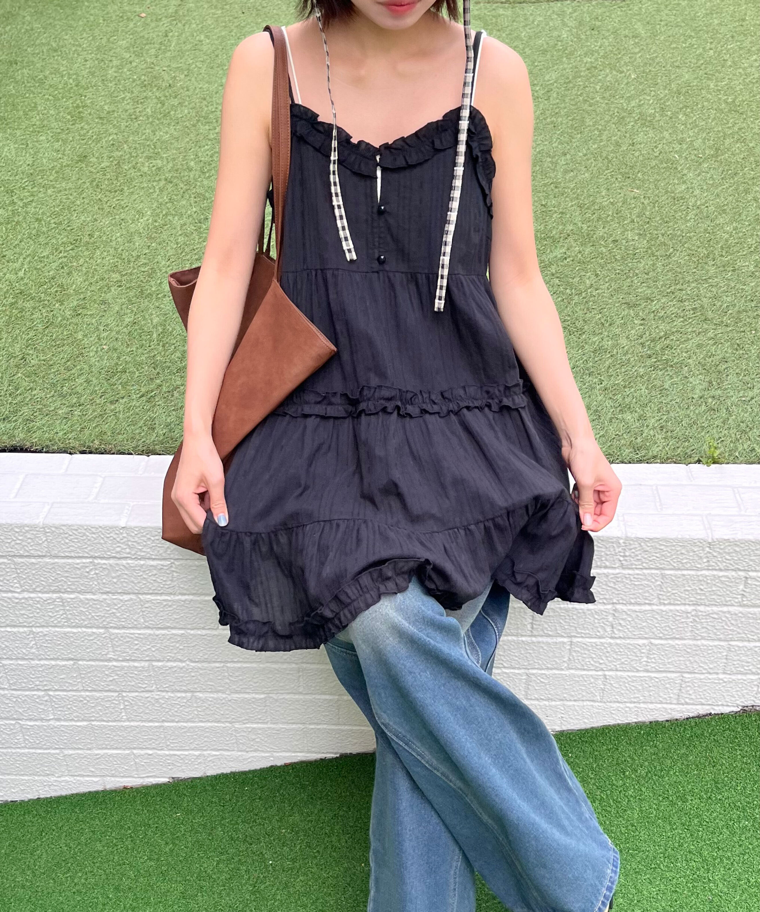  「コットンティアードキャミミニワンピース」|ワンピース|ブラック