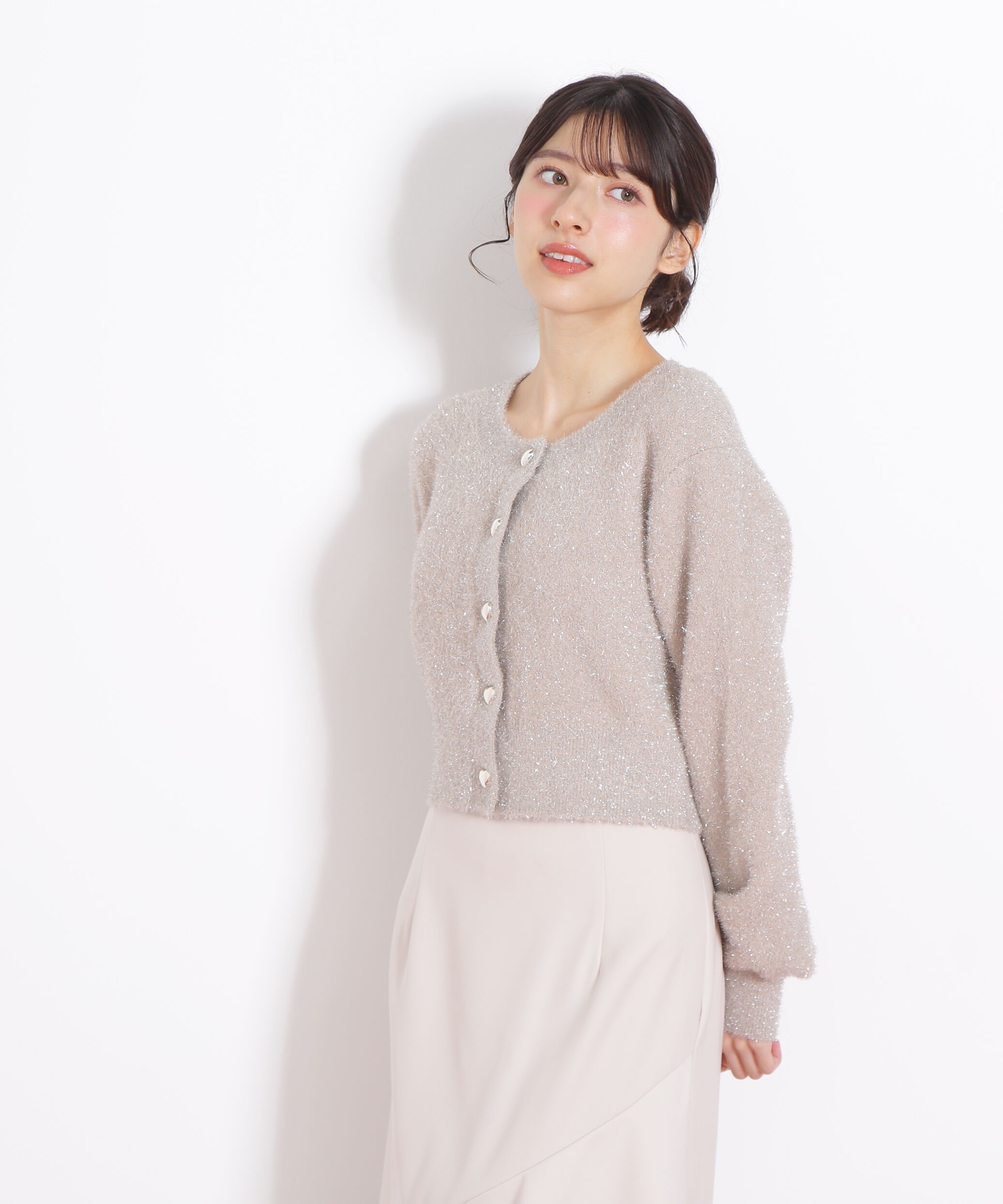  「ハートボタンラメフェザーカーディガン」|ニット・セーター|