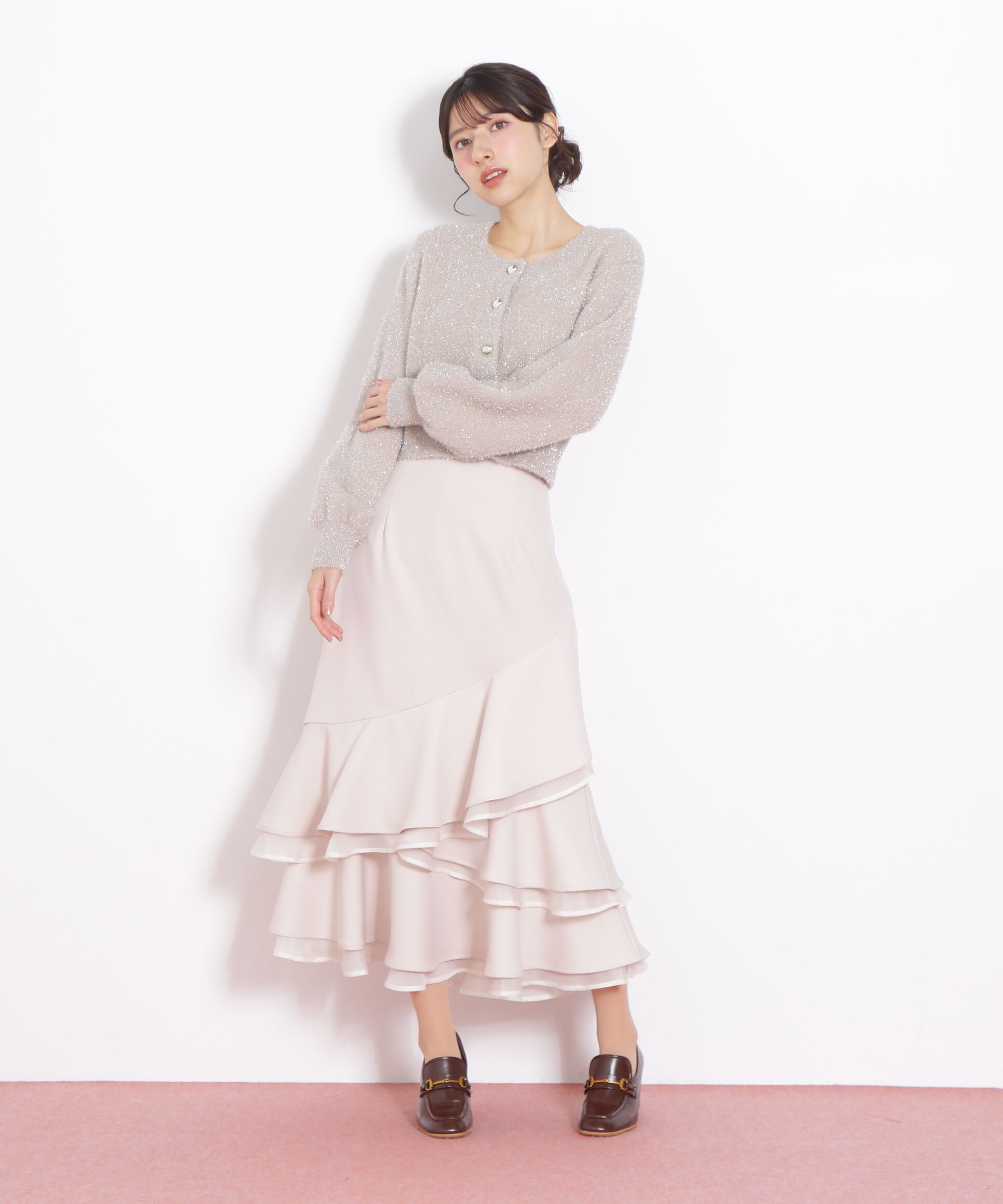  「ハートボタンラメフェザーカーディガン」|ニット・セーター|