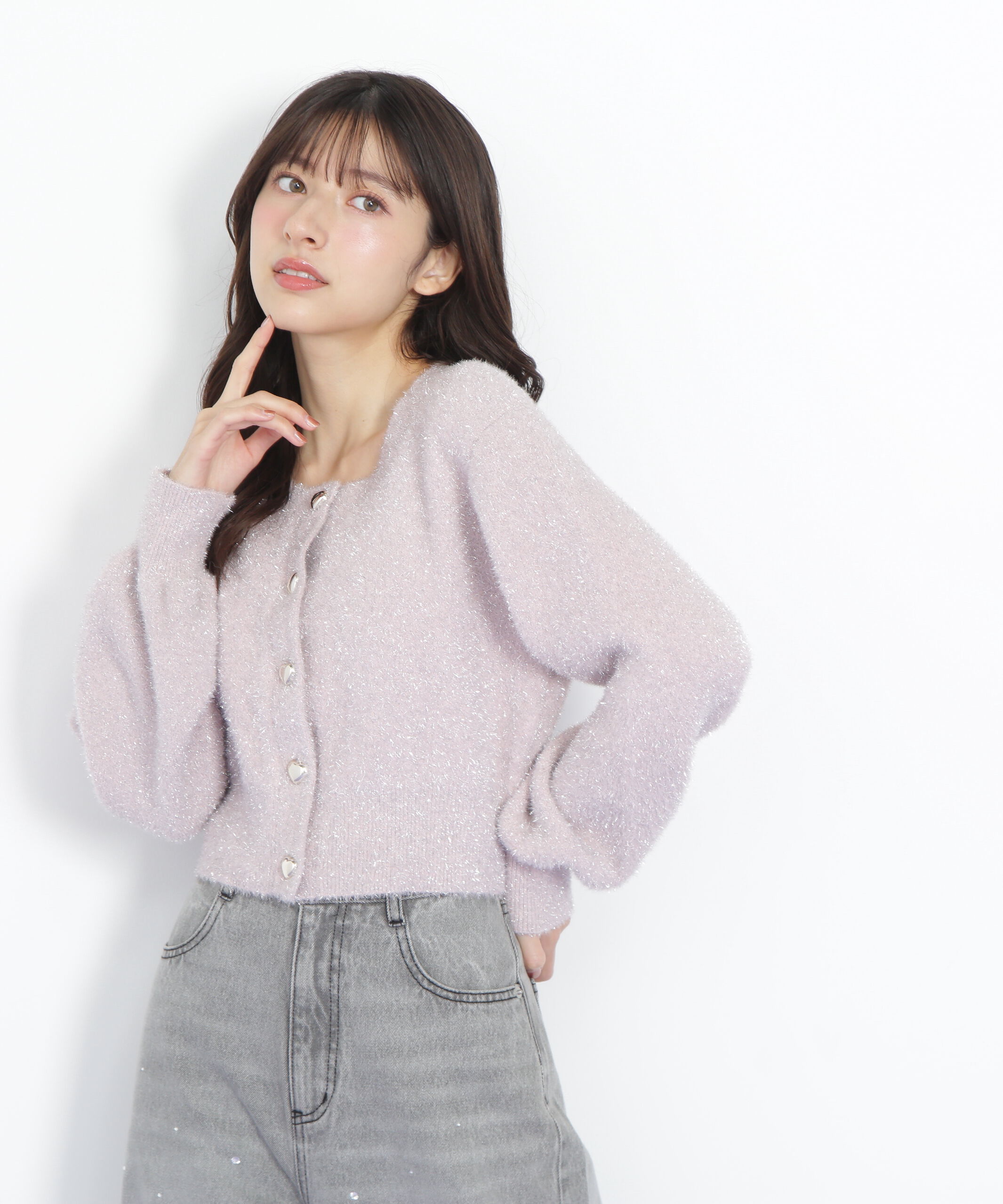  「ハートボタンラメフェザーカーディガン」|ニット・セーター|
