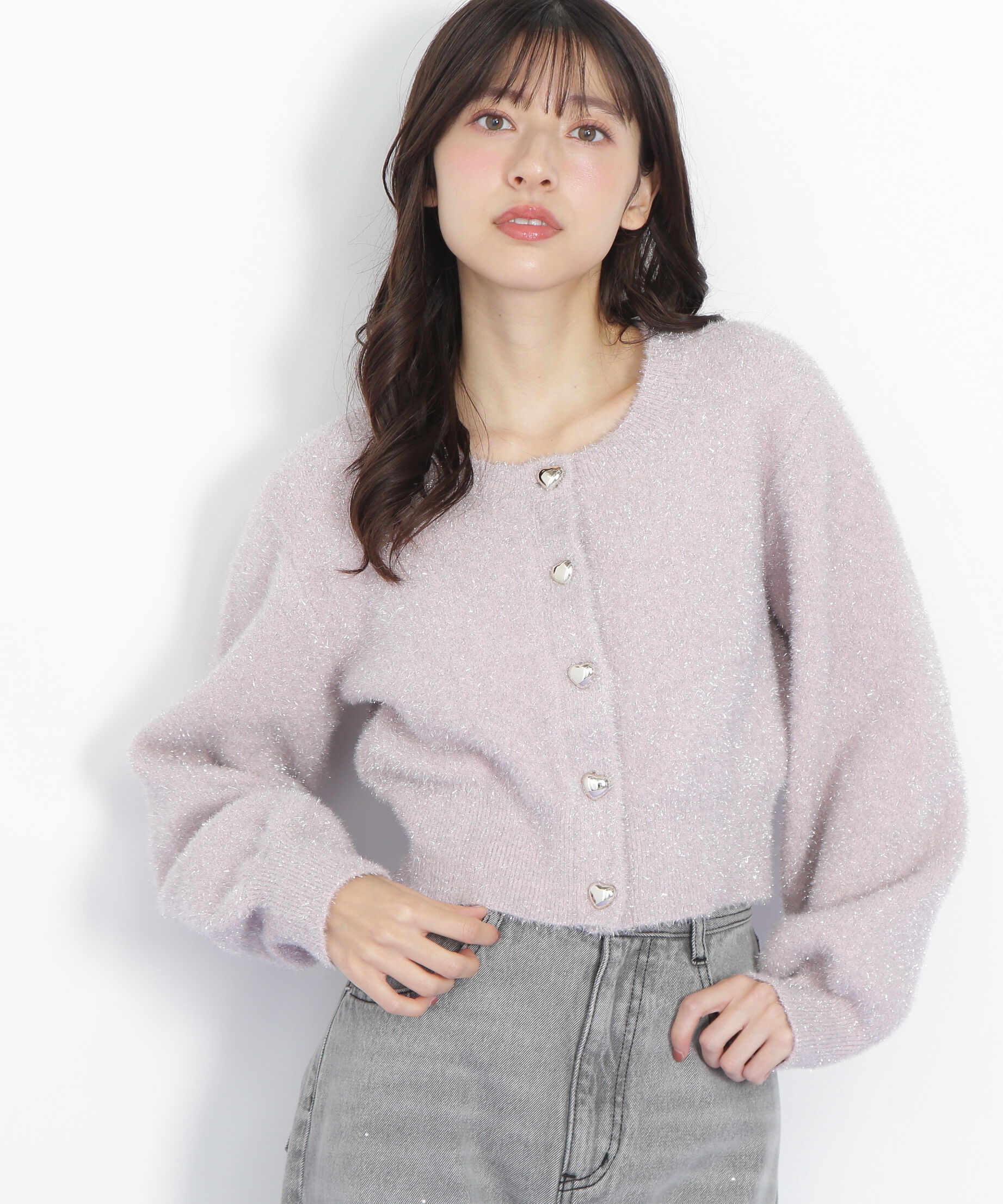  「ハートボタンラメフェザーカーディガン」|ニット・セーター|