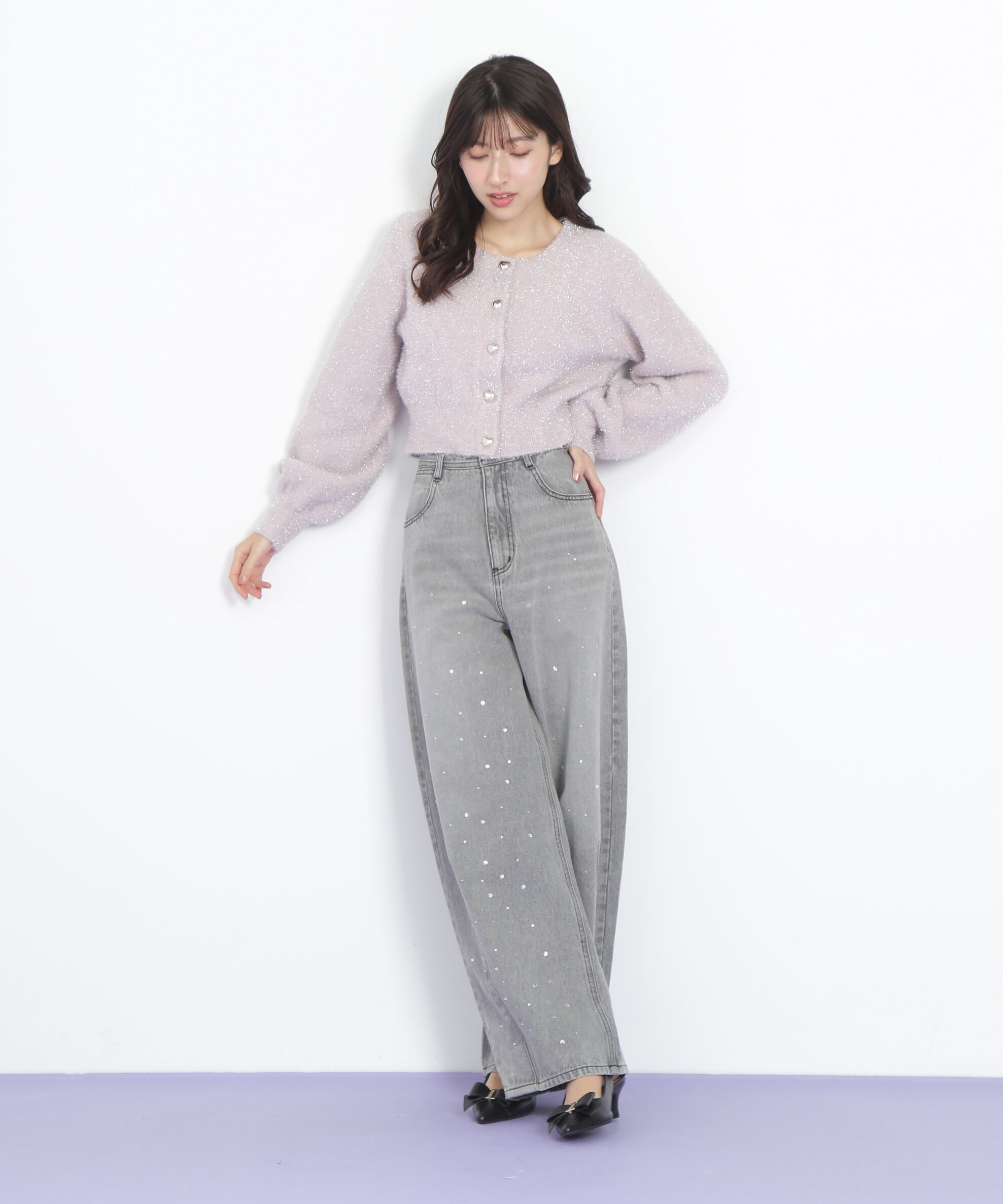  「ハートボタンラメフェザーカーディガン」|ニット・セーター|