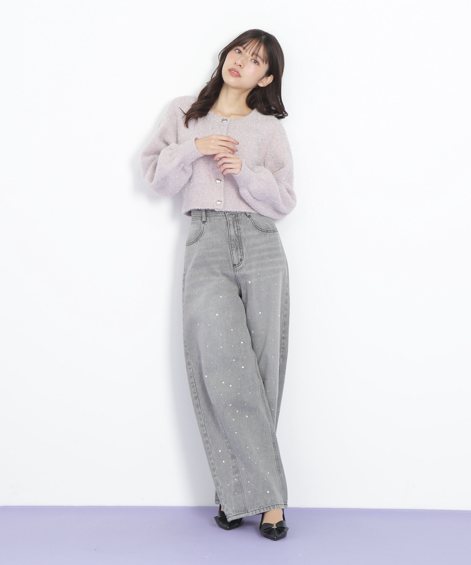  「ハートボタンラメフェザーカーディガン」|ニット・セーター|