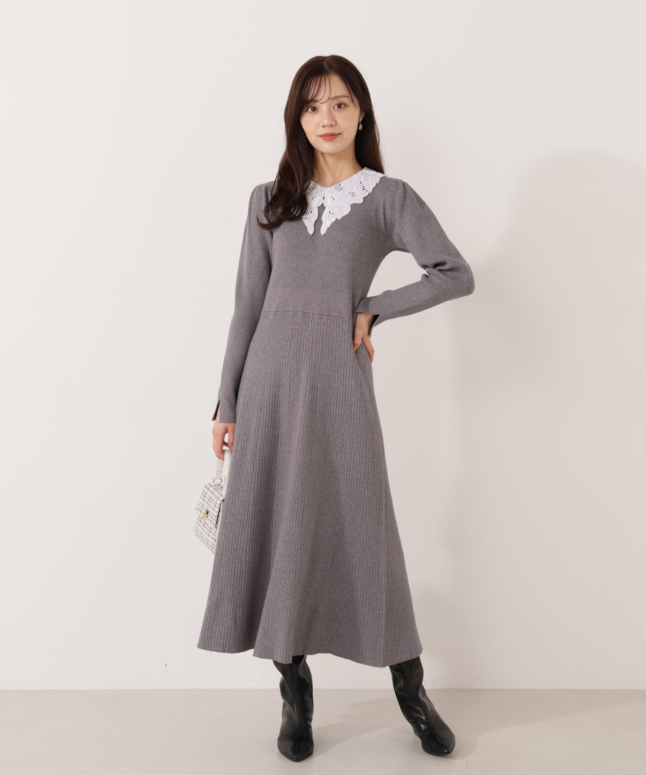 PROPORTION BODY DRESSING「レース襟付きニットワンピース」|ワンピース|チャコール2