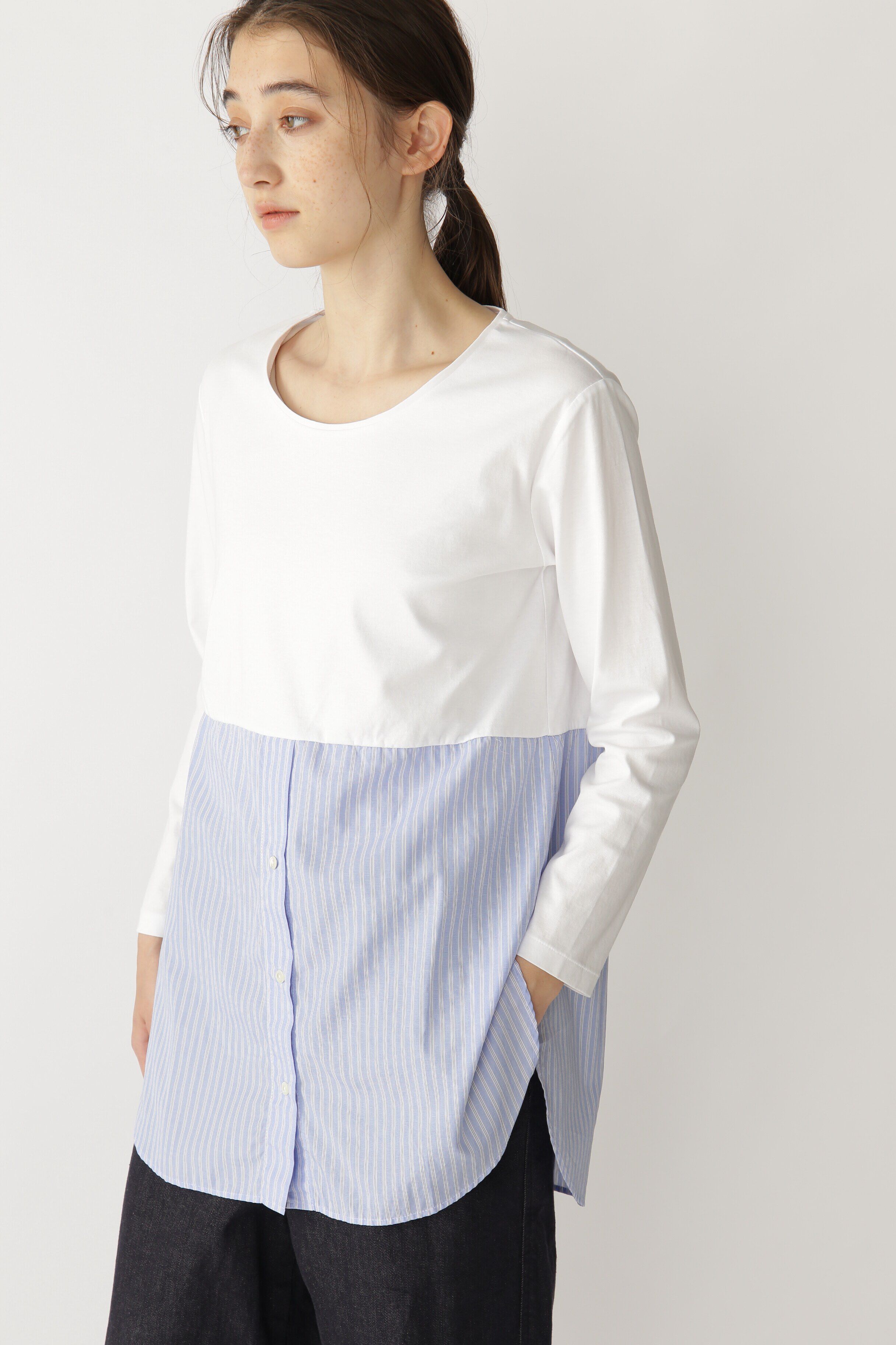  「◆布帛ドッキングクルーネックカットソー」|Tシャツ・カットソー|ホワイト&times;ブ  3