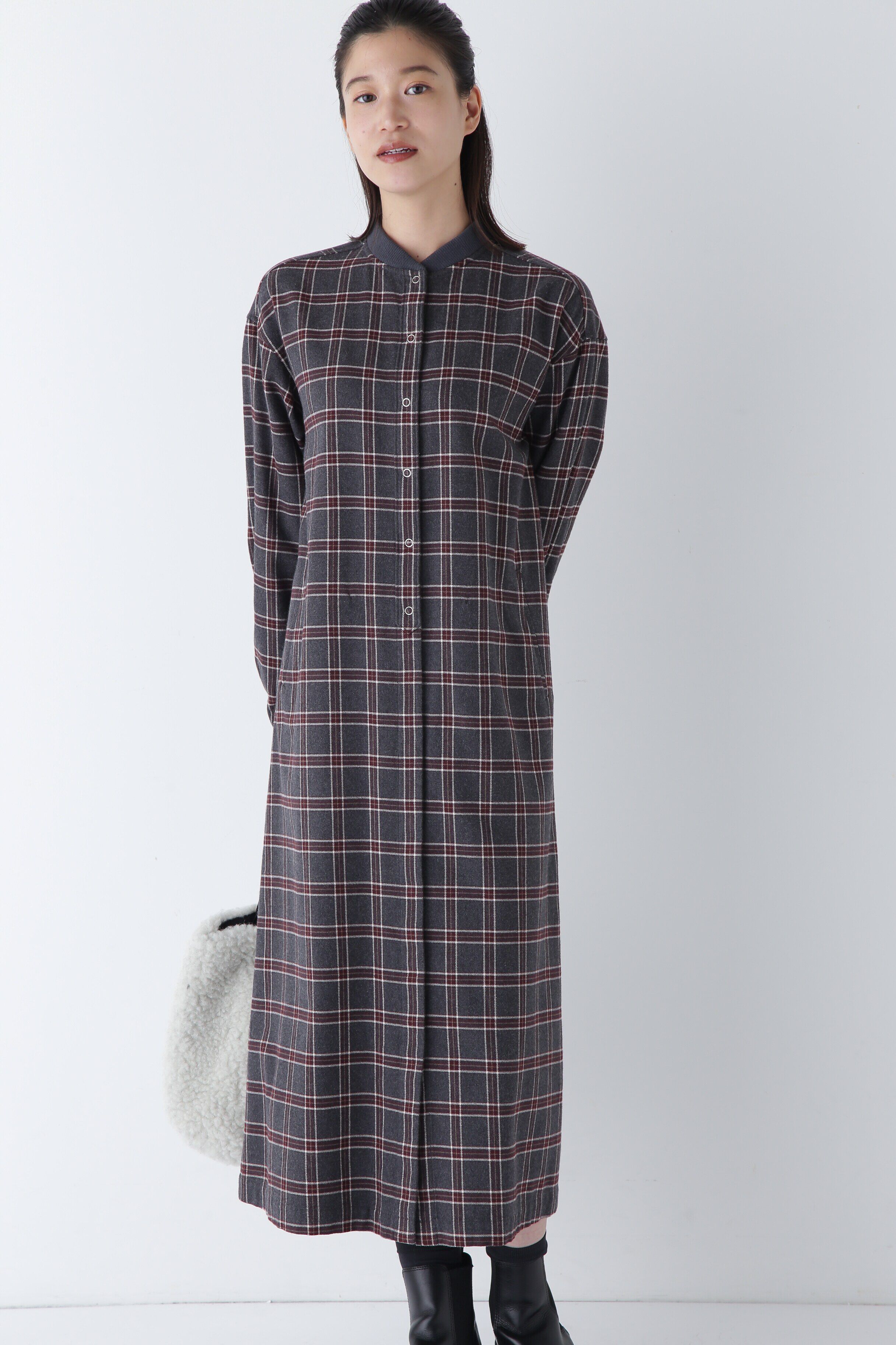 「◆コットン起毛チェックリブカラーシャツワンピース」|ワンピース|チャコールチ 3
