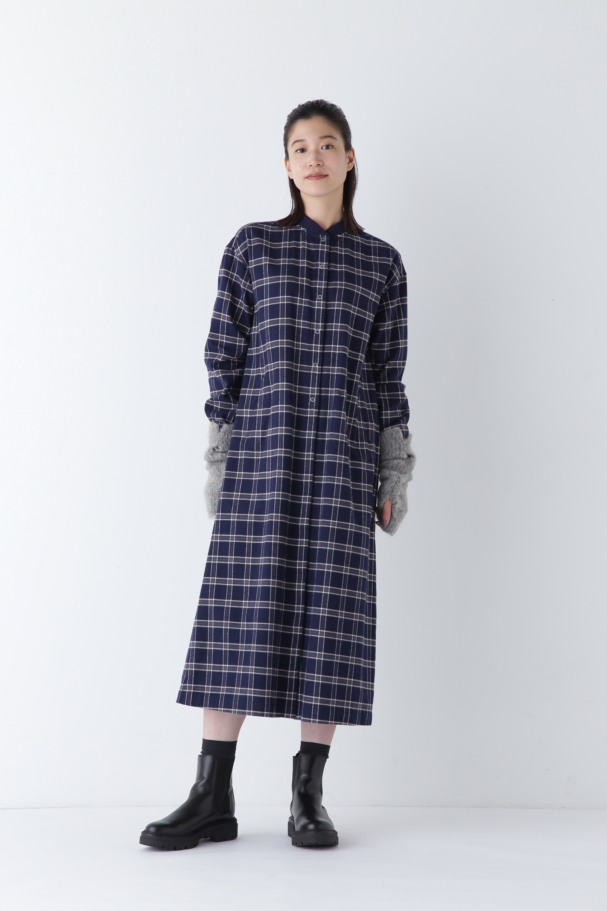  「◆コットン起毛チェックリブカラーシャツワンピース」|ワンピース|