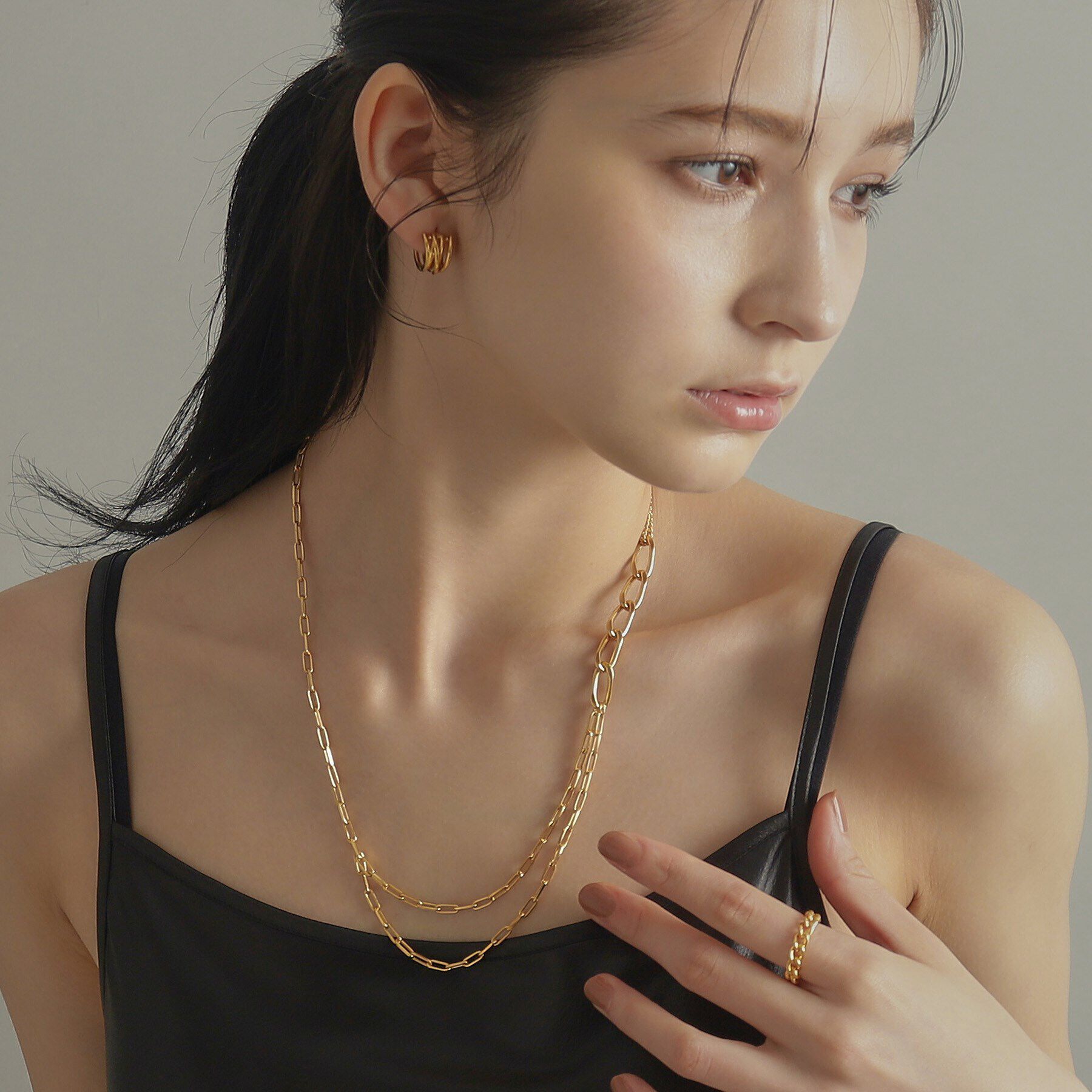 COCOSHNIK ONKITSCH「シルバー ミックスチェーン アシンメトリードレープネックレス GP」|ネックレス|