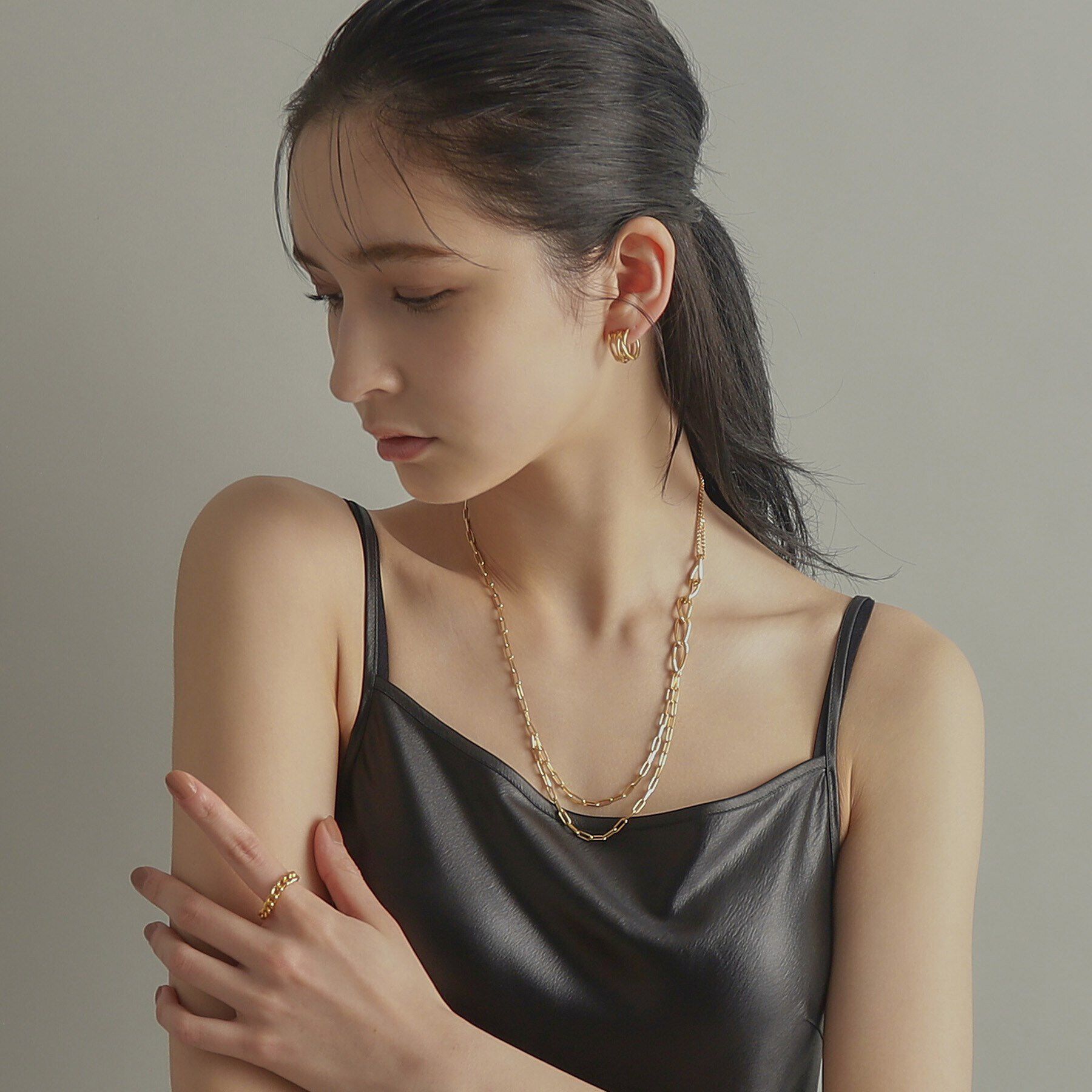 COCOSHNIK ONKITSCH「シルバー ミックスチェーン アシンメトリードレープネックレス GP」|ネックレス|