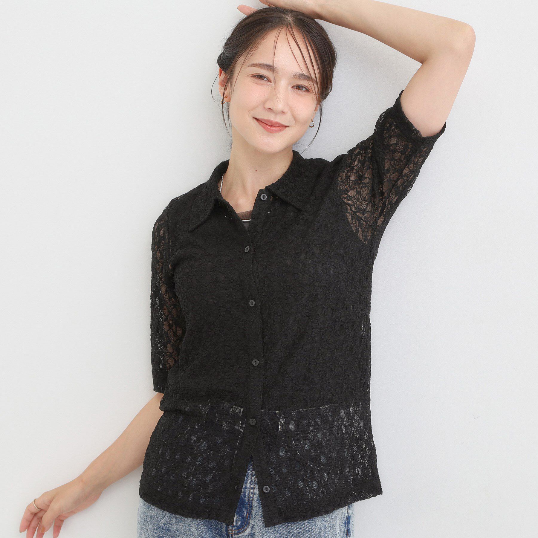 SHOO･LA･RUE「【S-LL/5分袖】大人の抜け感 襟付きレーストップス」|Tシャツ・カットソー|ブラック(019)