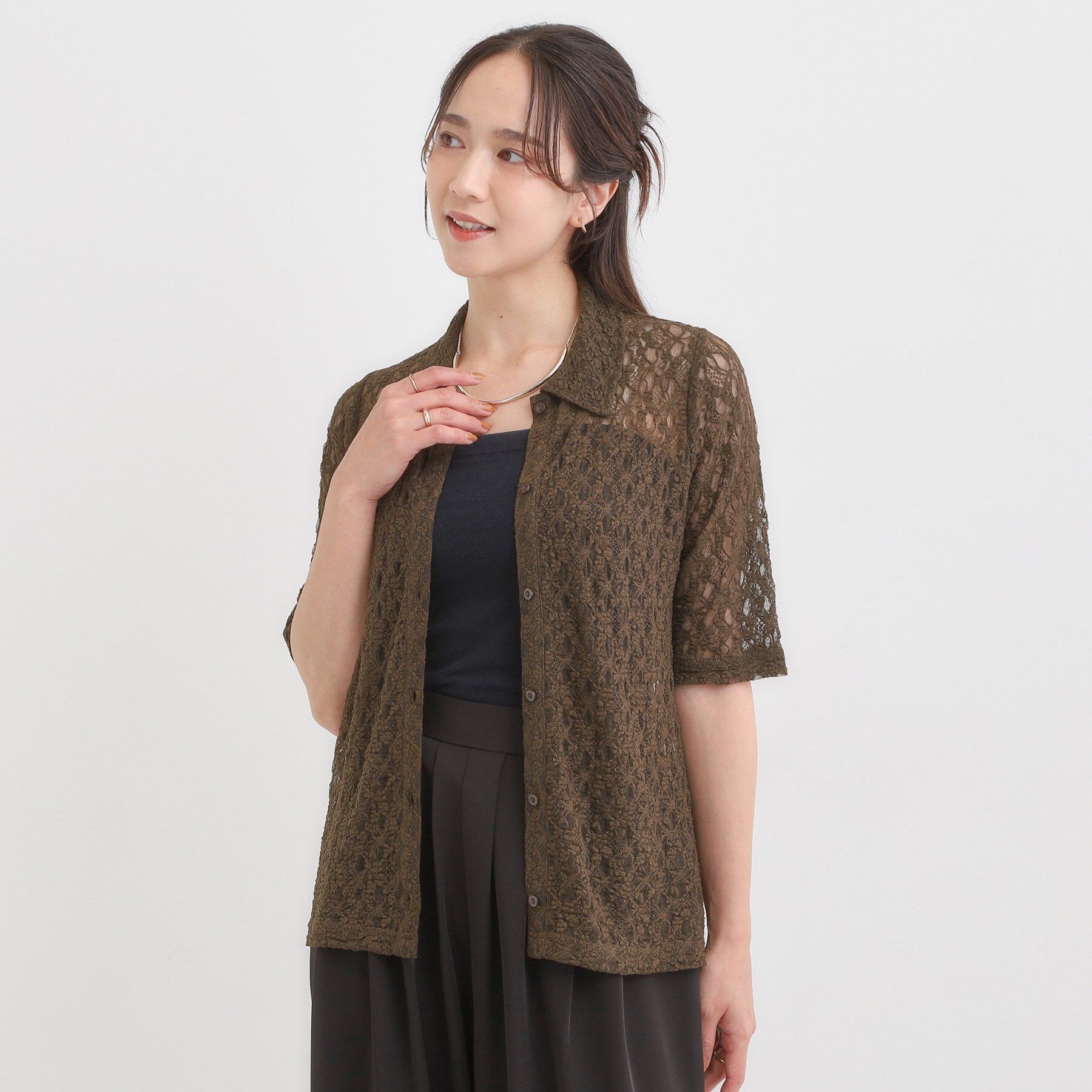 SHOO･LA･RUE「【S-LL/5分袖】大人の抜け感 襟付きレーストップス」|Tシャツ・カットソー|