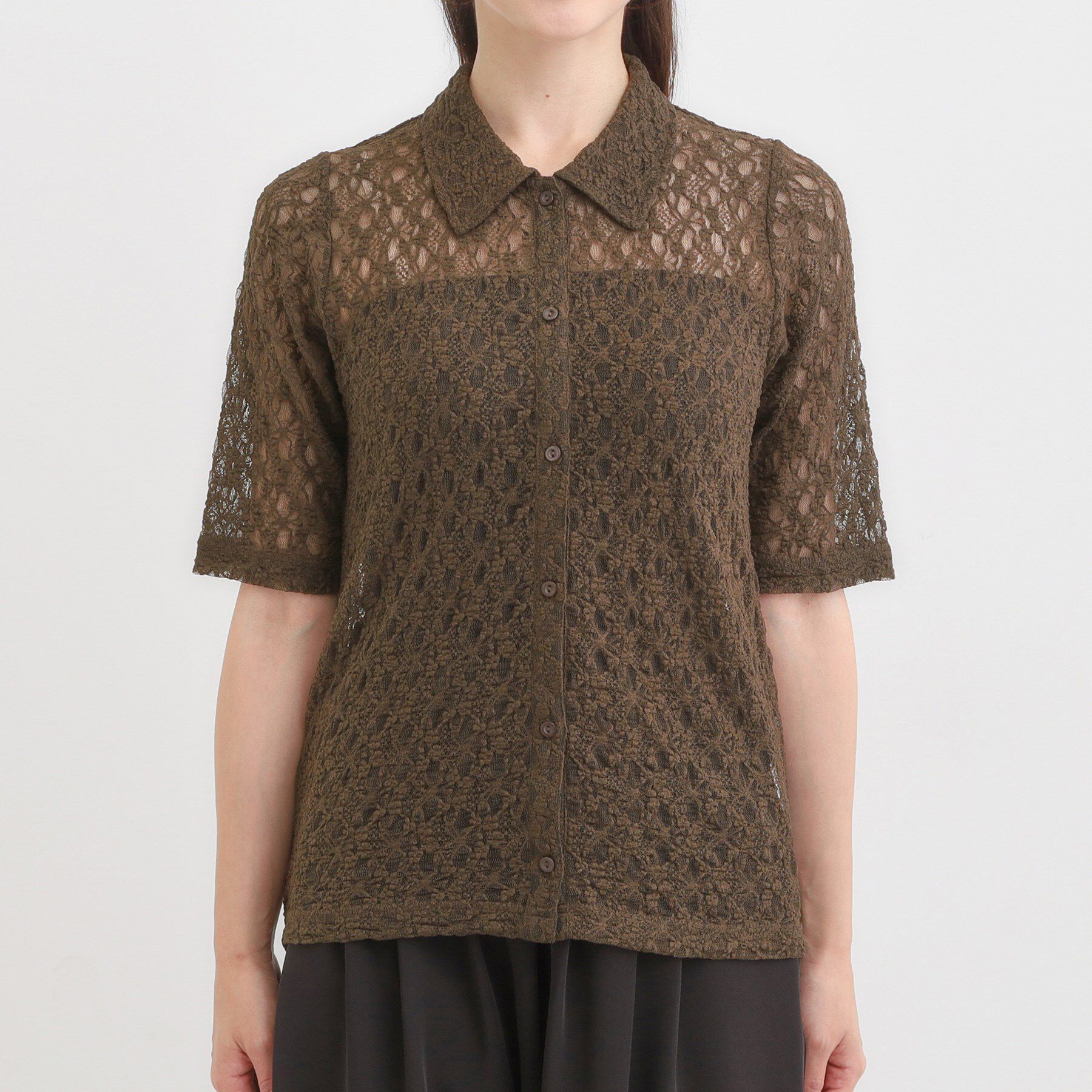 SHOO･LA･RUE「【S-LL/5分袖】大人の抜け感 襟付きレーストップス」|Tシャツ・カットソー|