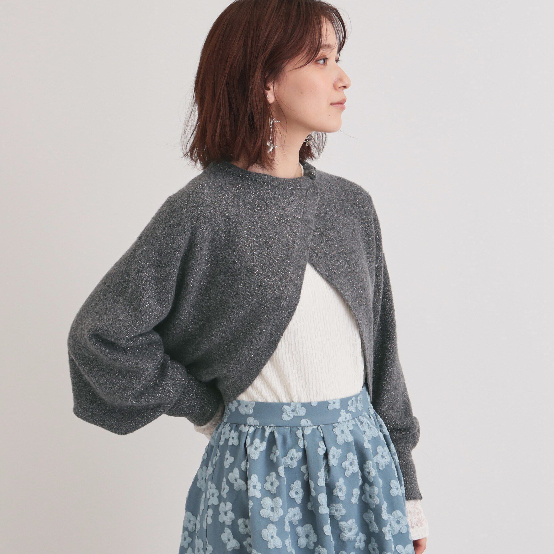 SunaUna「【チャイナパーツ／ラメ入り】ニットボレロ」|カーディガン|ﾁｬｺｰﾙｸﾞﾚｰ(013)