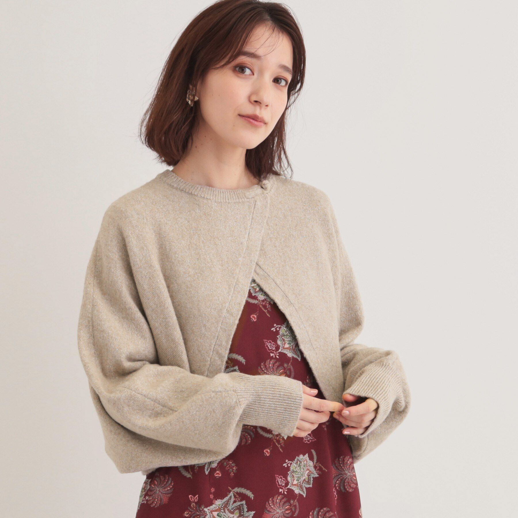 SunaUna「【チャイナパーツ／ラメ入り】ニットボレロ」|カーディガン|ﾍﾞｰｼﾞｭ(052)