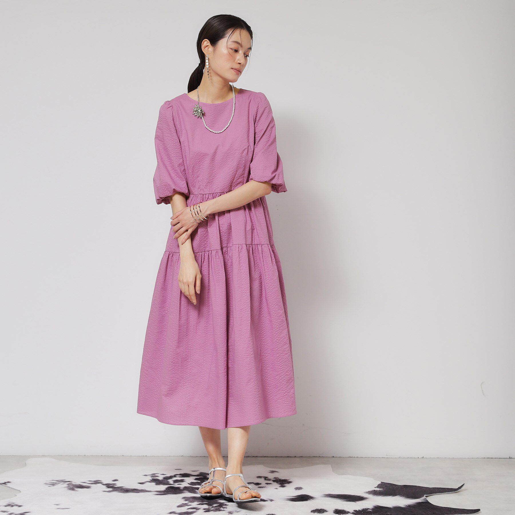 SunaUna「【涼し気！／サッカー素材】パフスリーブワンピース」|ワンピース|