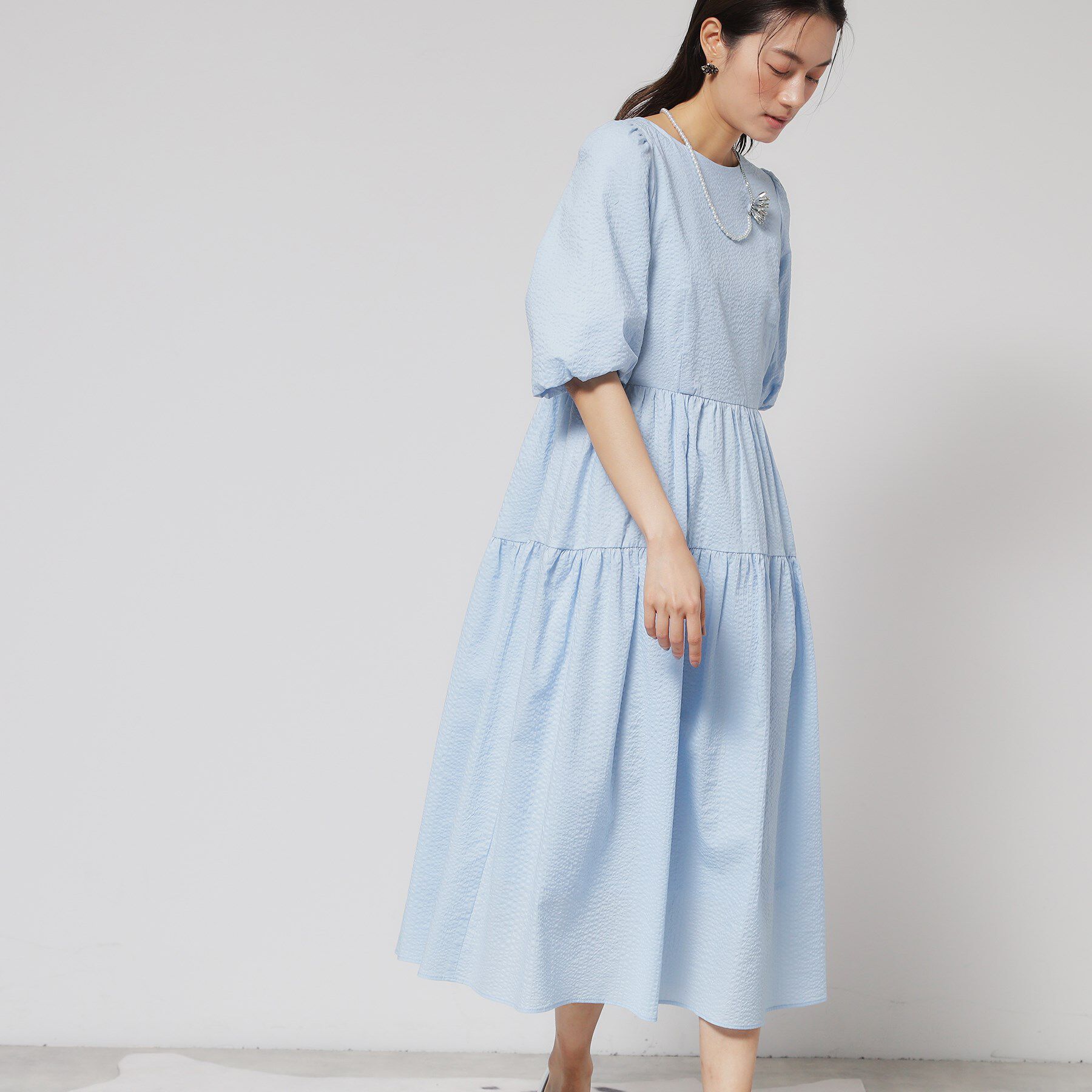 SunaUna「【涼し気！／サッカー素材】パフスリーブワンピース」|ワンピース|