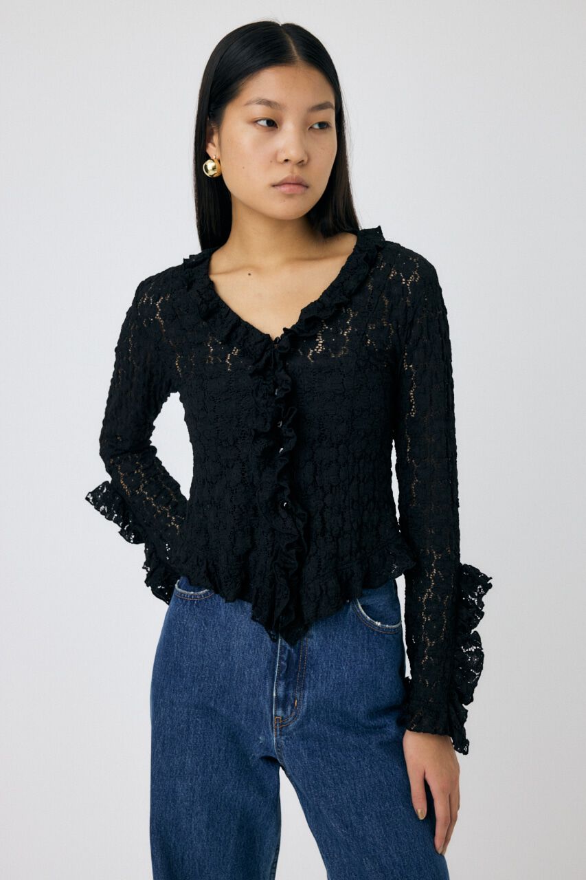 MOUSSY「CUT LACE RUFFLE ブラウス」|Tシャツ・カットソー|BLK