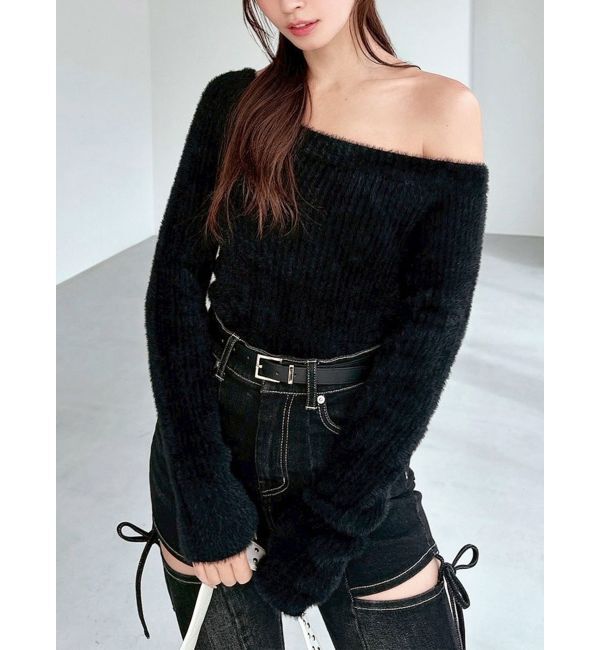 RESEXXY「ミニシャギーワンショルニットトップス」|ニット・セーター|ブラック