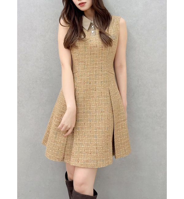 dazzlin「シャツカラーツイードミニワンピース」|ワンピース|キャメル