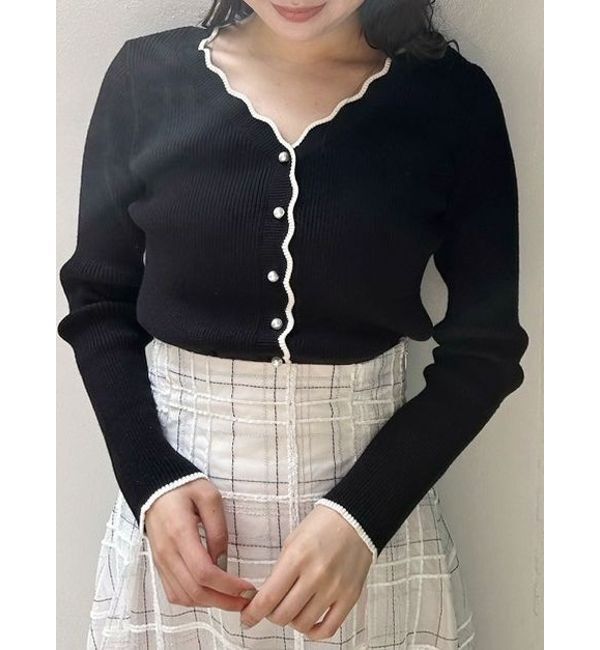 MERCURYDUO「バイカラースカラップコンパクトカーディガン」|カーディガン|