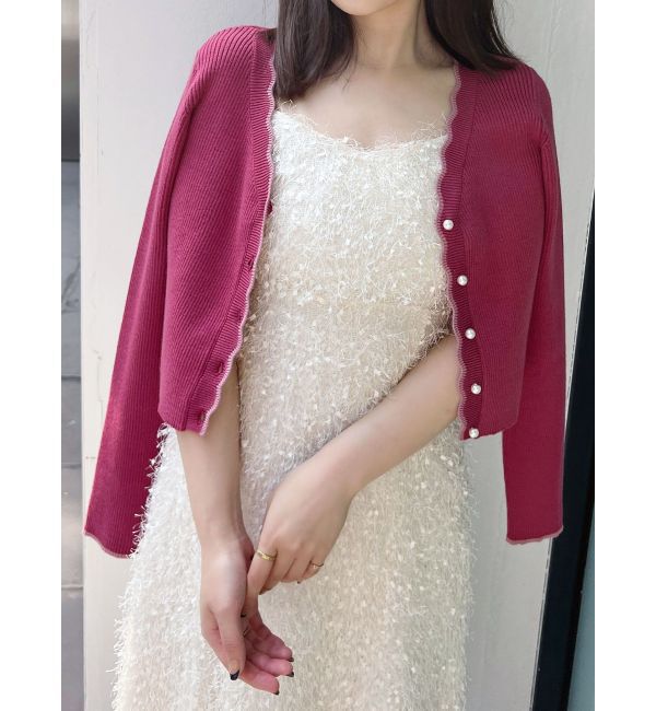 MERCURYDUO「バイカラースカラップコンパクトカーディガン」|カーディガン|ピンク