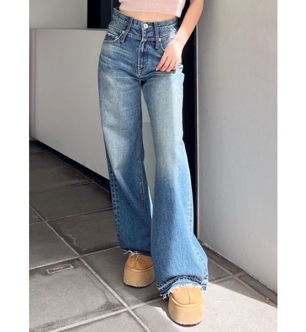 GYDA「ハイウエストDOUBLEベルトワイドデニムパンツ」|デニム|ブルー