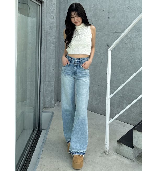 GYDA「ハイウエストDOUBLEベルトワイドデニムパンツ」|デニム|