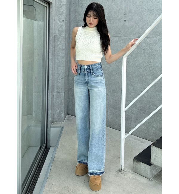 GYDA「ハイウエストDOUBLEベルトワイドデニムパンツ」|デニム|