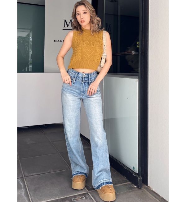 GYDA「ハイウエストDOUBLEベルトワイドデニムパンツ」|デニム|