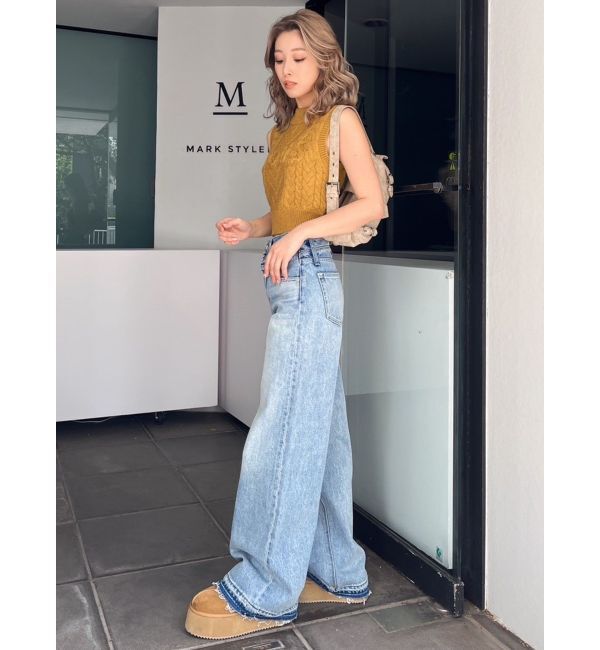 GYDA「ハイウエストDOUBLEベルトワイドデニムパンツ」|デニム|