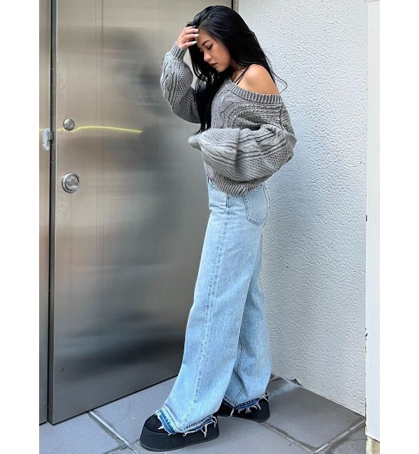 GYDA「ハイウエストDOUBLEベルトワイドデニムパンツ」|デニム|