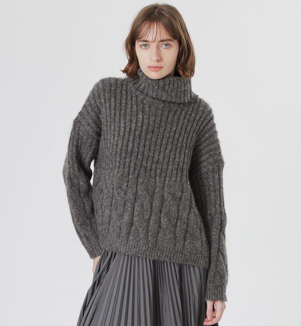  「ケーブルコンビタートルニット」|ニット・セーター|チャコールグレー