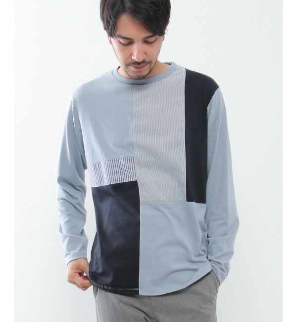 ikka「ストライプミックス切り替えロンT」|Tシャツ・カットソー|ブルー