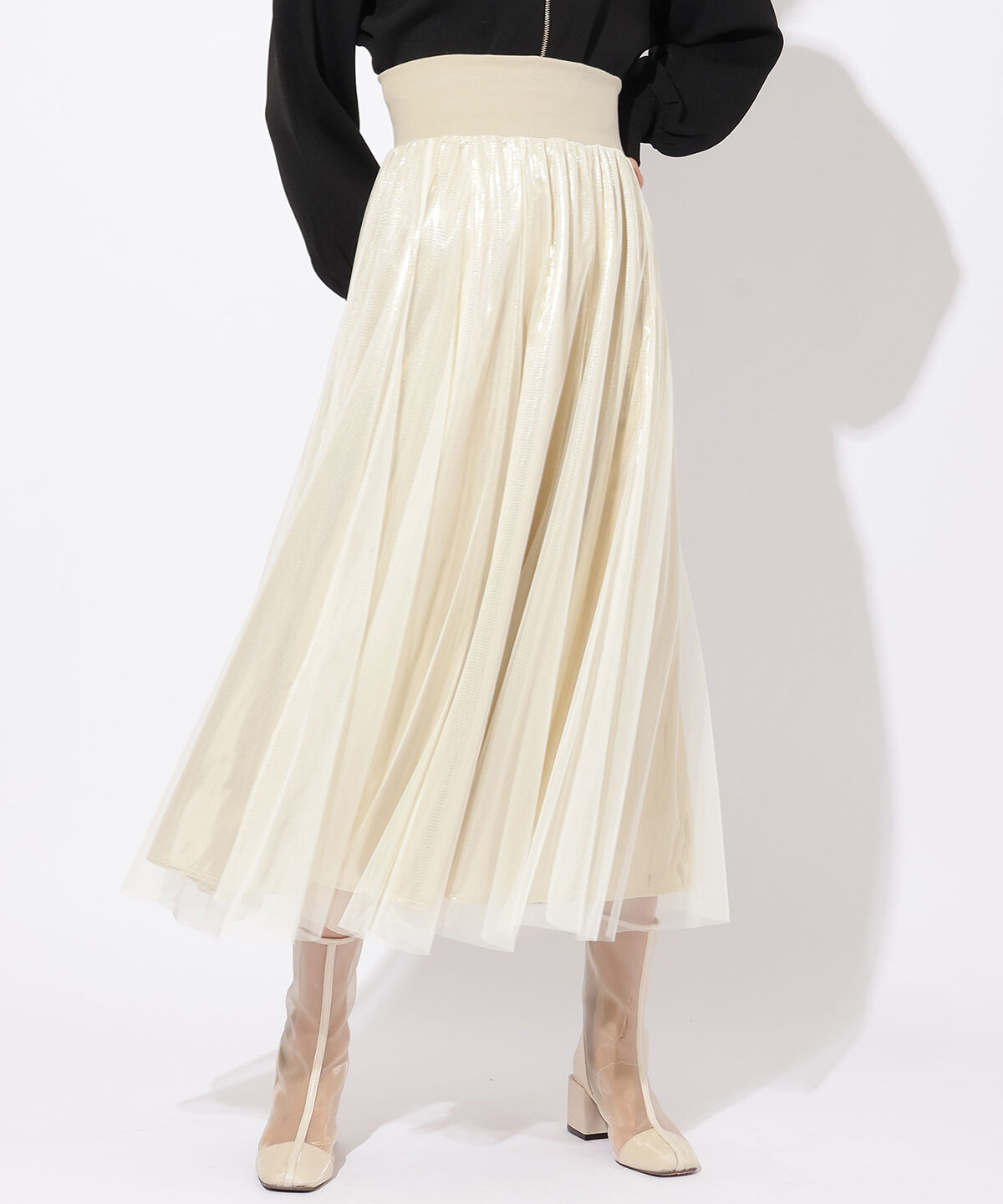 アンドクチュール「シャイニーラメチュールオーバースカート」|フレア|