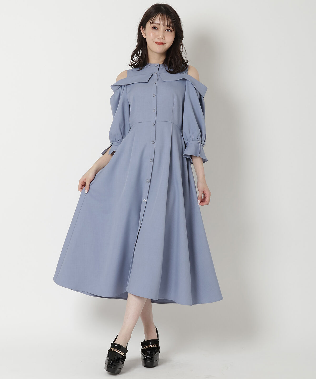 REDYAZEL「肩あきスタンドカラーワンピース」|ワンピース|ブルー